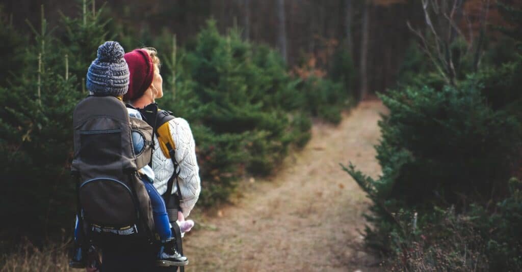 A mother with her child in a carrier backpack hiking through a forest trail on a crisp autumn day.